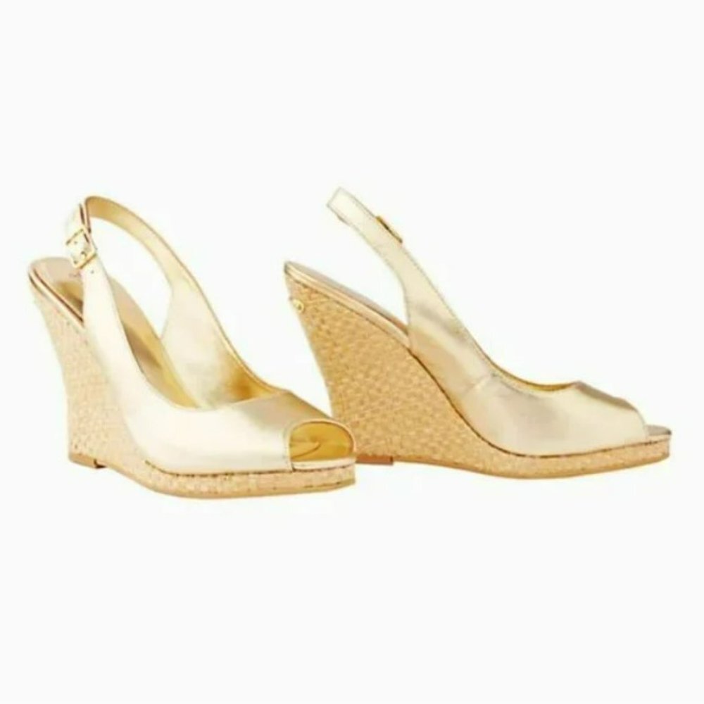 Lilly Pulitzer Gold Metallic Peep-Toe Wedge Sandals